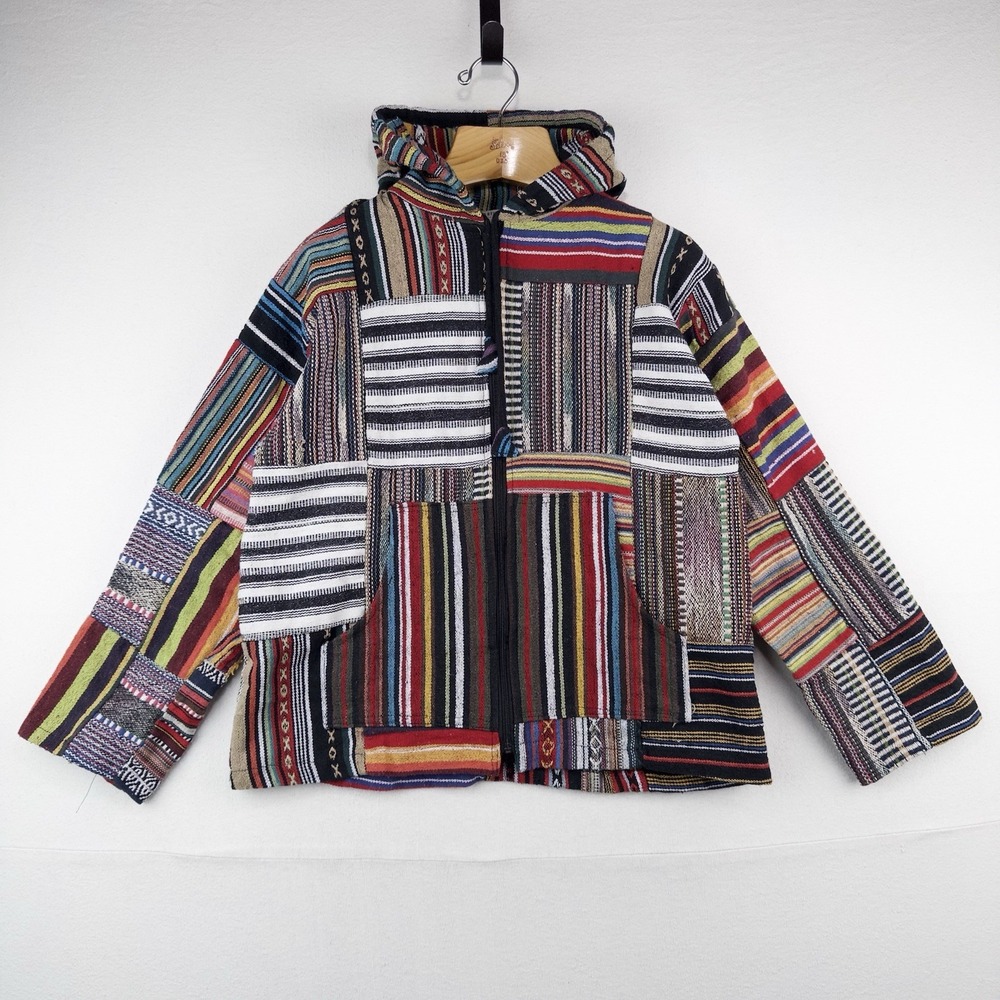 Vintage Patchwork Rug Baja Hoodie Full Zip Jacket Small Boho Festival